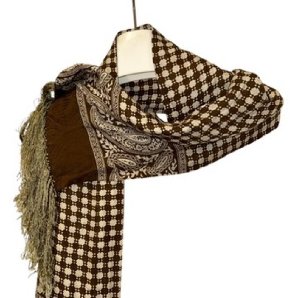 Vintage brown SILK fringe trim career scarf